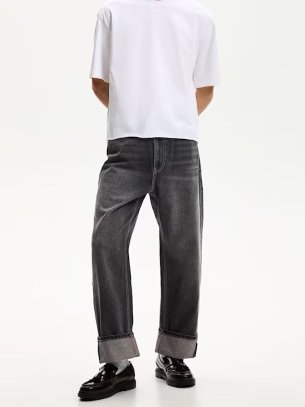 NWT Bershka Men's Baggy Jeans w Rolled Cuff 100% Cotton Black Wash Size 29